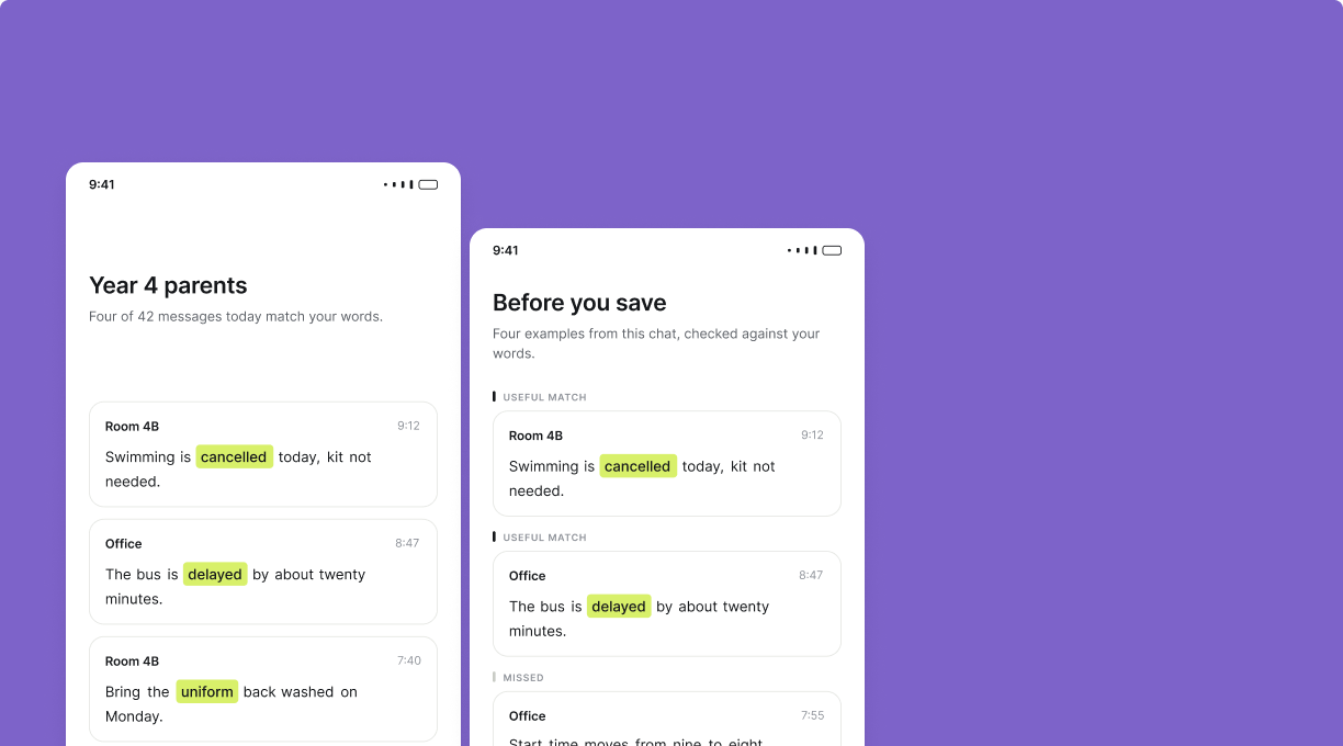 Two Catch screens showing a filtered group chat list
