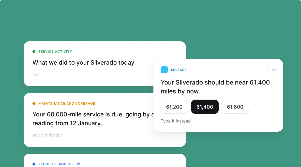 Three lifecycle messages: service activity, maintenance and coverage, and a mileage prompt